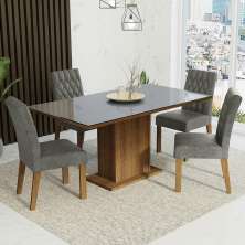 Conjunto Sala de Jantar Mesa Tampo de Vidro 4 Cadeiras Rustic/Cinza/Silver Marilia Madesa