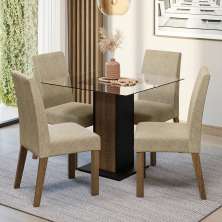 Conjunto Sala de Jantar Mesa Tampo de Vidro 4 Cadeiras Rustic/Preto/Imperial Ivy Madesa