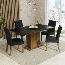 Conjunto Sala de Jantar Mesa Tampo de Vidro 4 Cadeiras Rustic/Preto/Oxford Marilia Madesa