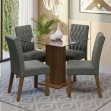Conjunto Sala de Jantar Mesa Tampo de Vidro 4 Cadeiras Rustic/Silver Noemi Madesa