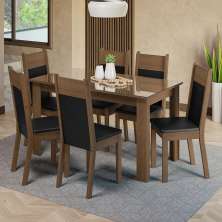 Conjunto Sala de Jantar Mesa Tampo de Vidro 6 Cadeiras Rustic/Preto Dora Madesa