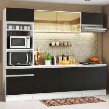 Cozinha Completa Madesa Diamante com Armário, Balcão e Tampo - Branco/Preto