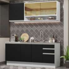 Cozinha Completa Madesa Glamy 180006 com Armário e Balcão (Sem Tampo e Pia) - Branco/Preto