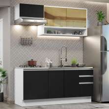 Cozinha Completa Madesa Glamy 180008 com Armário e Balcão (Sem Tampo e Pia) - Branco/Preto