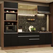 Cozinha Completa Madesa Glamy 270010 com Armário e Balcão (Sem Tampo e Pia) - Rustic/Preto