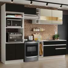 Cozinha Completa Madesa Jade com Armário e Balcão (Sem Tampo e Pia) - Branco/Preto/Crema