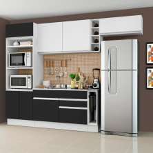 Cozinha Completa Madesa Safira com Armário e Balcão (Sem Tampo e Pia) - Branco/Preto/Branco