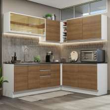 Cozinha Completa de Canto 100% MDF Madesa Acordes 389002 com Armário e Balcão - Branco/Rustic