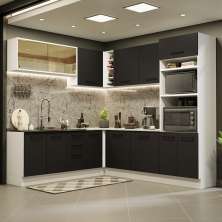 Cozinha Completa de Canto Madesa Agata 459001 com Armário e Balcão (Sem Tampo e Pia) - Branco/Preto