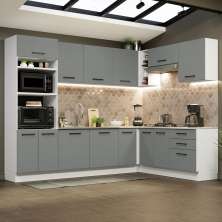 Cozinha Completa de Canto Madesa Agata 479001 com Armário e Balcão (Sem Tampo e Pia) - Branco/Cinza
