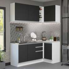 Cozinha Completa de Canto Madesa Glamy 269001 com Armário e Balcão (Sem Tampo e Pia) - Branco/Preto