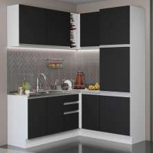 Cozinha Completa de Canto Madesa Glamy 329001 com Armário e Balcão (Sem Tampo e Pia) - Branco/Preto