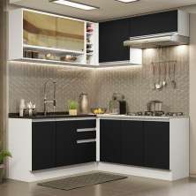 Cozinha Completa de Canto Madesa Glamy 349002 com Armário e Balcão (Sem Tampo e Pia) - Branco/Preto
