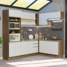 Cozinha Completa de Canto Madesa Glamy 419001 com Armário e Balcão (Sem Tampo e Pia) - Rustic/Branco