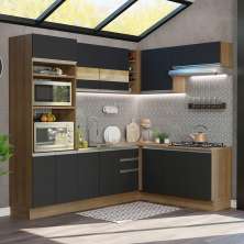 Cozinha Completa de Canto Madesa Glamy 419001 com Armário e Balcão (Sem Tampo e Pia) - Rustic/Preto