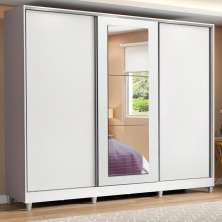 Guarda Roupa Casal 100% MDF Madesa Eros 3 Portas de Correr com Espelho com Pés - Branco