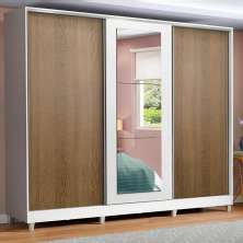Guarda Roupa Casal 100% MDF Madesa Eros 3 Portas de Correr com Espelho com Pés - Branco/Rustic