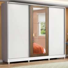 Guarda Roupa Casal 100% MDF Madesa Eros 3 Portas de Correr com Espelho com Pés - Branco/Rustic