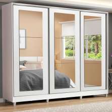 Guarda-Roupa Casal 100% MDF Madesa Eros 3 Portas de Correr de Espelho com Pés - Branco