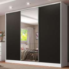 Guarda Roupa Casal 100% MDF Madesa Royale 3 Portas de Correr com Espelho - Branco/Preto