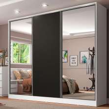 Guarda Roupa Casal 100% MDF Madesa Royale 3 Portas de Correr com Espelhos - Branco/Preto
