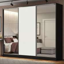 Guarda Roupa Casal 100% MDF Madesa Royale 3 Portas de Correr com Espelhos - Preto/Branco