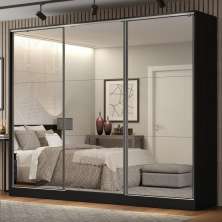 Guarda Roupa Casal 100% MDF Madesa Royale 3 Portas de Correr de Espelho - Preto