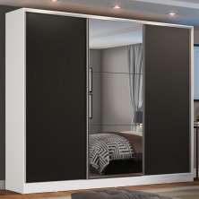 Guarda Roupa Casal 100% MDF Madesa Zurique 3 Portas de Correr com Espelho - Branco/Preto