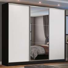 Guarda Roupa Casal 100% MDF Madesa Zurique 3 Portas de Correr com Espelho - Preto/Branco