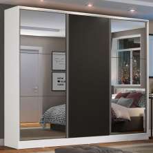 Guarda Roupa Casal 100% MDF Madesa Zurique 3 Portas de Correr com Espelhos - Branco/Preto