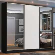 Guarda Roupa Casal 100% MDF Madesa Zurique 3 Portas de Correr com Espelhos - Preto/Branco
