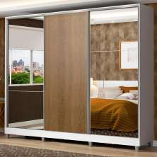 Guarda Roupa Casal 100% MDF Madesa Zurique 3 Portas de Correr com Espelhos com Pés - Branco/Rustic