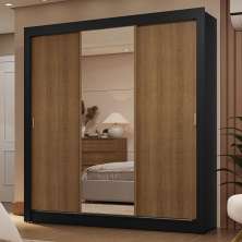 Guarda-Roupa Casal 3 Portas de Correr com Espelho 2 Gavetas Preto/Rustic Sublime Madesa