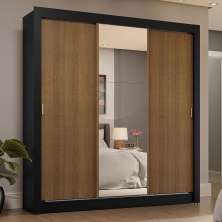 Guarda-Roupa Casal 3 Portas de Correr com Espelho 4 Gavetas Preto/Rustic Sublime Plus Madesa