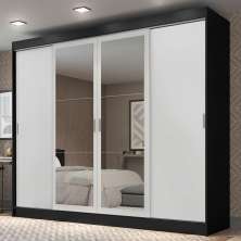 Guarda-Roupa Casal Madesa Austin 4 Portas de Correr com Espelhos 3 Gavetas - Preto/Branco