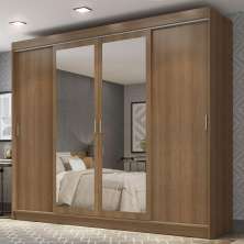 Guarda-Roupa Casal Madesa Austin 4 Portas de Correr com Espelhos 3 Gavetas - Rustic