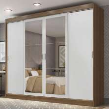 Guarda-Roupa Casal Madesa Austin 4 Portas de Correr com Espelhos 3 Gavetas - Rustic/Branco