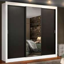 Guarda Roupa Casal Madesa Lyon Plus 3 Portas de Correr com Espelho 4 Gavetas - Branco/Preto