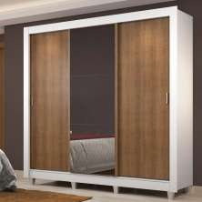 Guarda Roupa Casal Madesa Lyon Plus 3 Portas de Correr com Espelho 4 Gavetas com Pés - Branco/Rustic