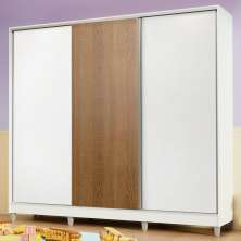 Guarda Roupa Infantil 100% MDF Madesa Logan 3 Portas de Correr com Pés - Branco/Branco/Rustic