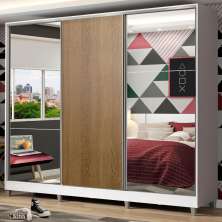 Guarda Roupa Juvenil 100% MDF Madesa Kevin 3 Portas de Correr com Espelhos com Pés - Branco/Rustic