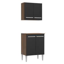 Kit Armário de Cozinha 4 Portas com Armário Aéreo e Balcão Rustic/Preto Emilly Madesa