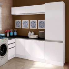 Kit Área De Serviço Madesa Acordes 100% MDF com Armário, Gaveteiro e Balcão de Canto - Portas Branco Brilho