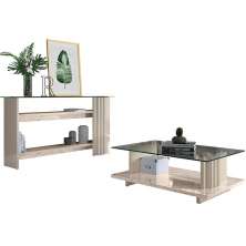 Kit Aparador para Sala e Mesa de Centro Tampo de Vidro Foz Calacata/Off White