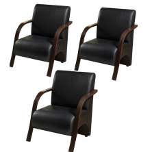 Kit 3 Poltronas Para Sala de Espera Recepção Preto Em Courino Com Braços de Madeira Decorativa Confortável Até 120 kg - PCM