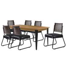 Conjunto Sala de Jantar Mesa Espanha 180cm com 6 Cadeiras em Aço e Junco Madri Mais Decor Courissimo Preto/Siena/Preto/Junco Carvalho