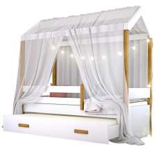 Cama Montessori Com Auxiliar Cordão Led E Dossel - Branco