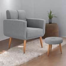 Conjunto  Poltrona e Puff Decorativos Josh Boucle Cinza