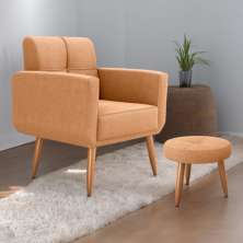 Conjunto  Poltrona e Puff Decorativos Josh Boucle Mostarda