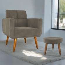 Conjunto  Poltrona e Puff Decorativos Josh Veludo Cappuccino